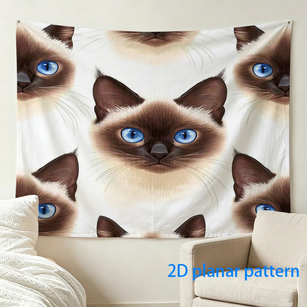 Siamese Cat Tapestry, Blue Eye Kitten Wall Hanging, Cute Pet Decor, Funny Face Print Background Cloth for Bedroom Living Room