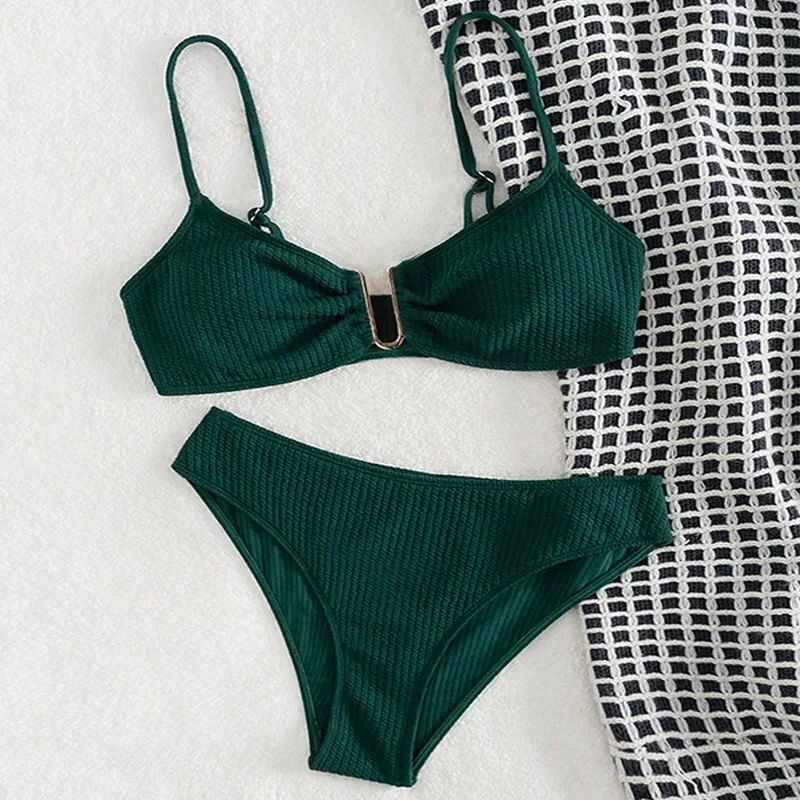 أطقم بيكيني جاسبر مضلعة معدنية مثيرة على شكل حرف U مكونة من قطعتين ملابس سباحة رفيعة ملابس سباحة ملابس شاطئ بكيني تانكيني