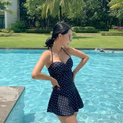 Women's Skirt Style Swimsuit Polka Dot Belted One-Piece Swimwear Sexy Backless Strappy Cut Out Monokini Girls Beach Bathing Suit