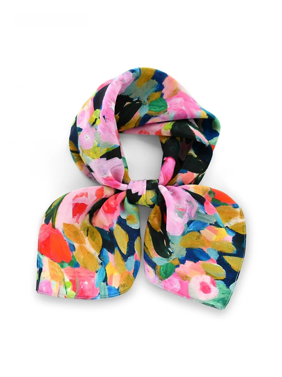 油絵ピンクシルクスカーフ-本物のシルク-マルベリーシルクスカーフ-ギフトボックス-レディース-ビジネスギフト-スクエアスカーフ-花柄プリント-夏