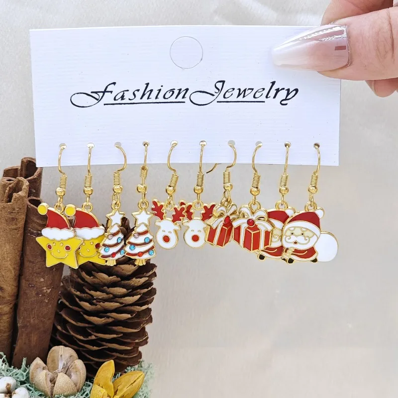 10PCS Christmas Earrings Set Alloy Dripping Oil Snowflake Santa Claus Stars Earrings Women Jewelry Christmas Gifts