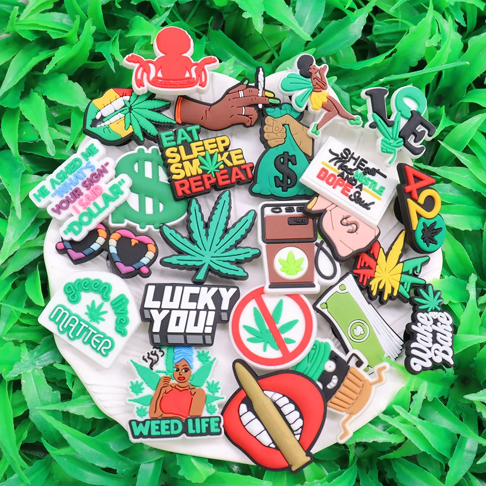 1-24Pcs PVC Shoe Charms Tanker Weed Life Hand Woman Love Lips Money Coffee Buckle Clog Hole Slipper Accessories Decorations image 4