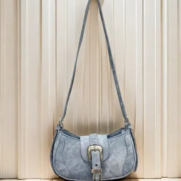 

Korean Style Denim Distressed Handbag Women Leather Strap Half Moon Shoulder Bags Ladies Hot Girl Fashion Y2k Crossbody Bag 2025