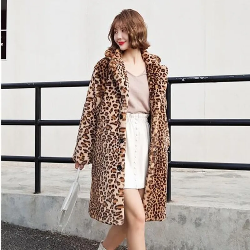 Winter new Korean leopard print imitation fur coat female thick warm imitation Rex rabbit fur coat medium long