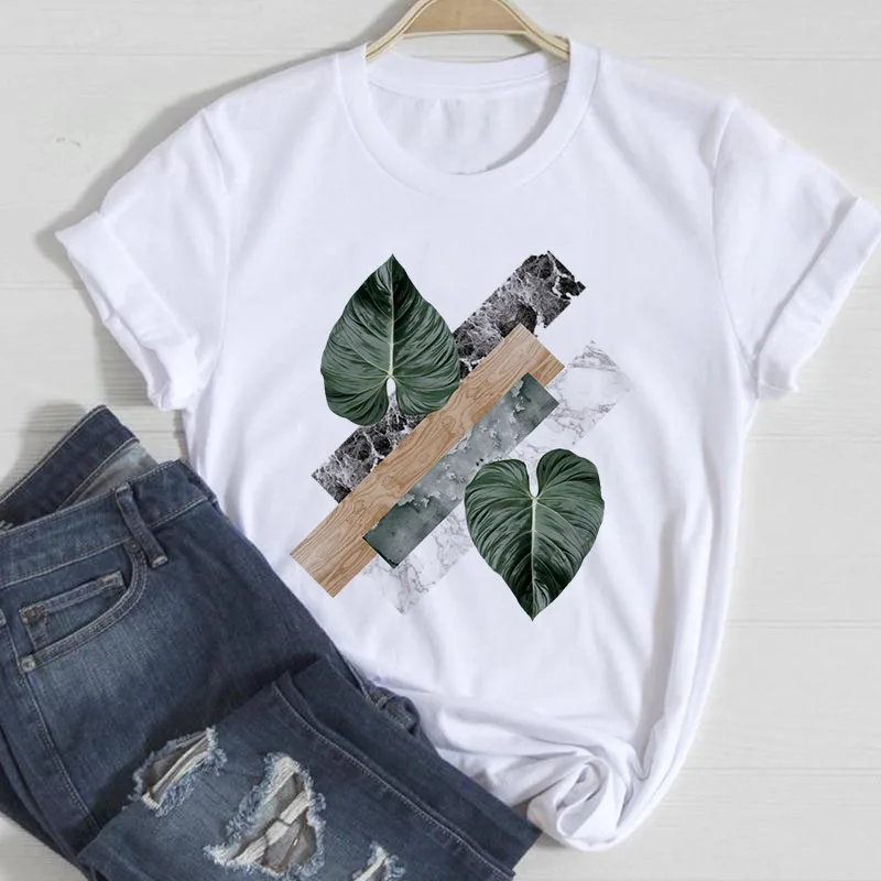 

T-shirt Ladies 2022 Cute leaves geometry Summer T shirt Graphic 90s Tees Tops Women O-Neck Aesthetic Tshirt female Clothing