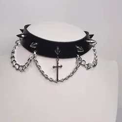 Choker with Silver Tone Cross with Punk Gorgeous Alternative Jewellery Pendant Necklace Wide Statement Charm Women Gift Harajuku