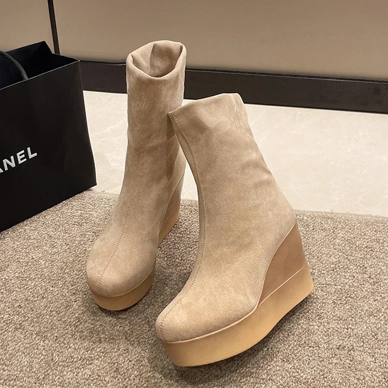

Wedges Women Ankle Snow Boots Platform Suede High Heels Shoes 2025 New Fashion Woman Chelsea Boots Winter Designer Botas Mujer