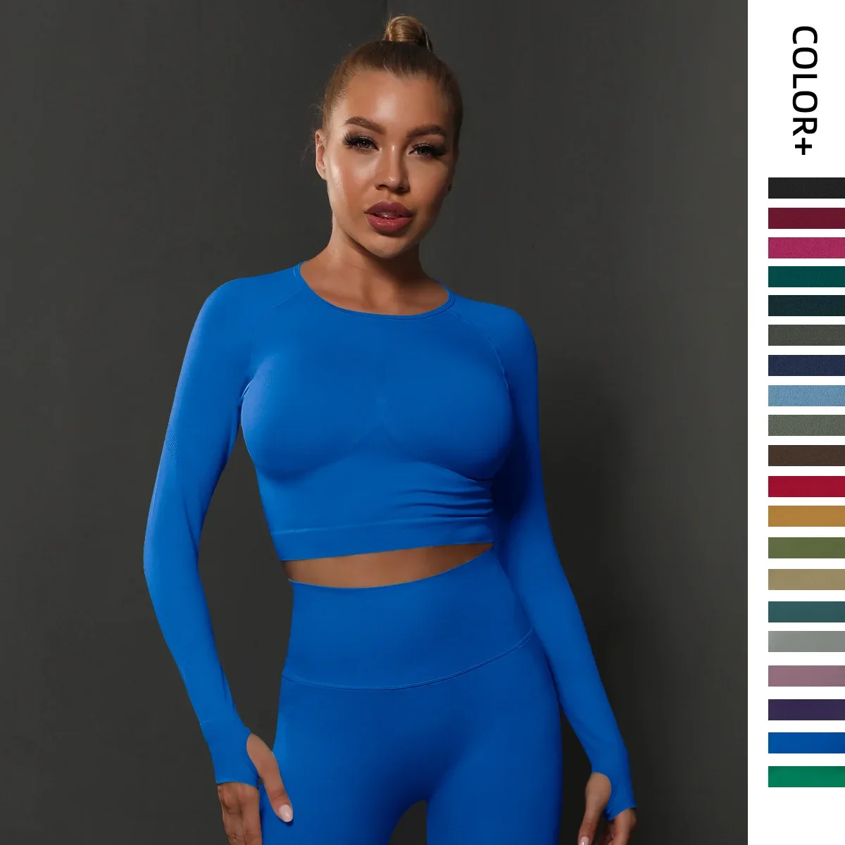 Seamless Tight Solid Color Pleated Sports Long Sleeve Top High Stretch Breathable Running Fitness Yoga Clothing Women