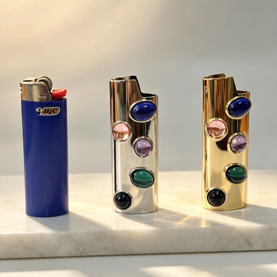 Colorful Gem Inlaid Zinc Alloy Lighter Case Vintage Polished Metal Protective Shell Compatible with BIC J6 view 4