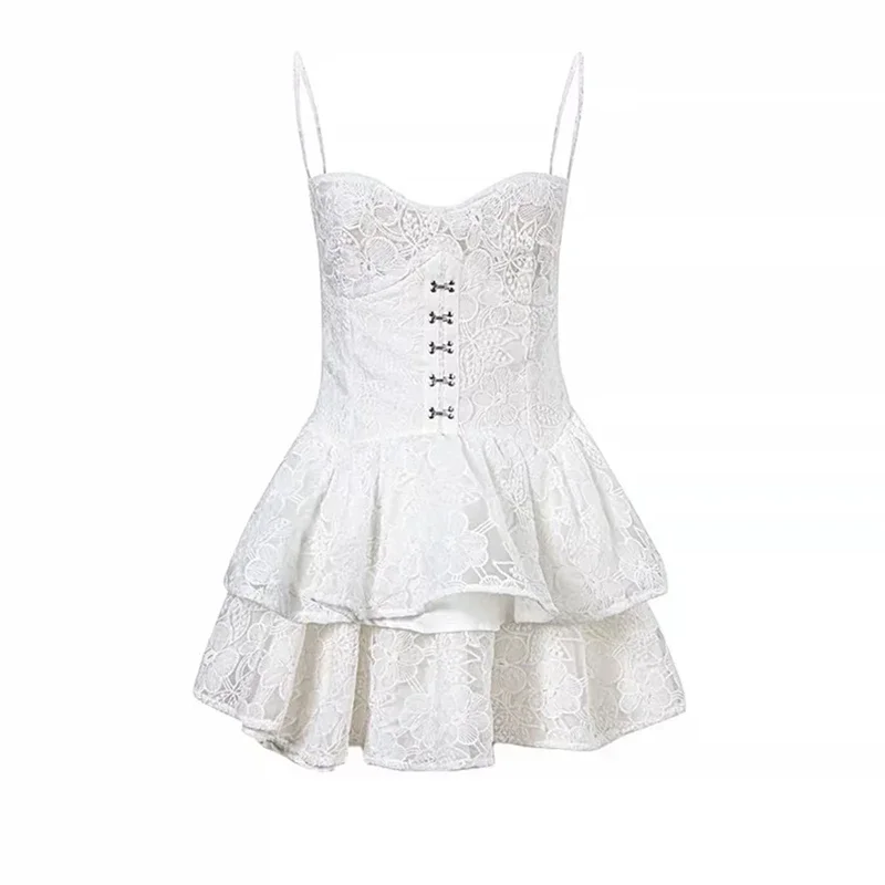 Nuevo 2025 chica caliente encaje blanco Kawaii Lolita mujer volantes en cascada vestido de hadas de manga larga correas fiesta de cumpleaños QuinceaneraRQR45