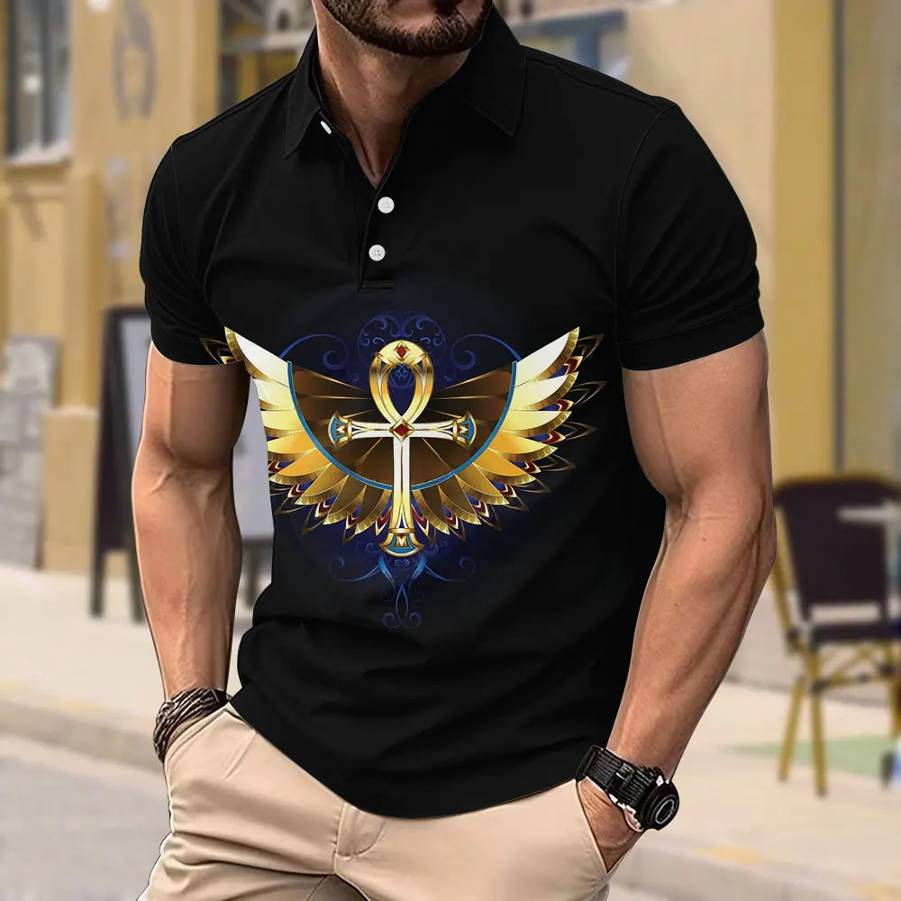 Fashion large size short-sleeved POLO shirt Cross-printed slightly elastic short-sleeved top Tees Summer loose casual men's wear