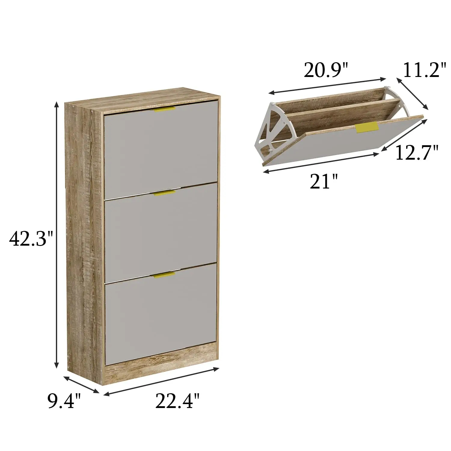 Shoe Storage Cabinet 3 Flip Drawers & Mirror Adjustable Shelves Entryway Hallway Oak, Customized