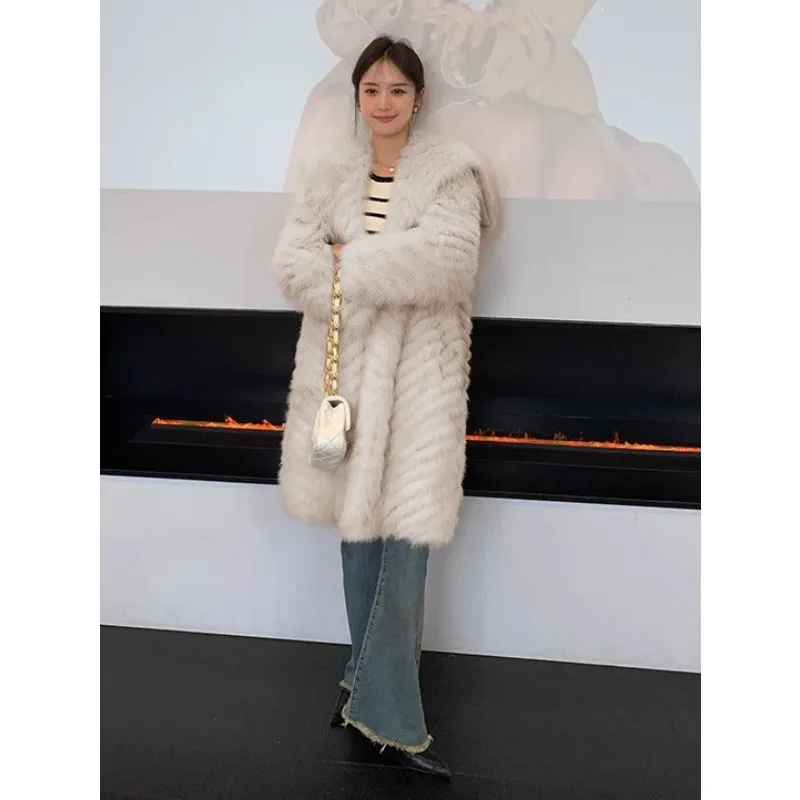 Luxury Vintage Women Navy Collar Fox Fur Coat Winter Fluffy Thicken Young Loose Skinny Warm Comfortable Faux Fur Coat Women