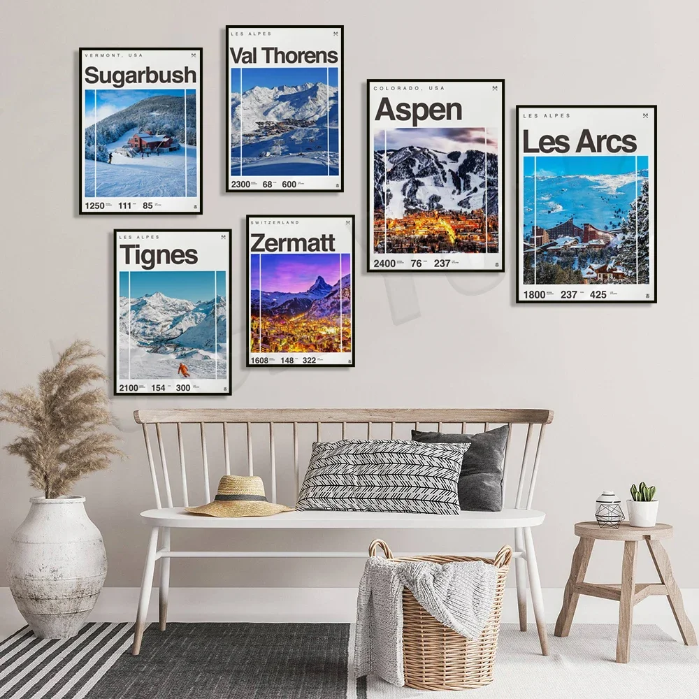 Zermatt Switzerland, Aspen Colorado, Les Arcs, Val Thorens, Sugarbush skiing, Colorado, France, snowboarding, ski resort poster