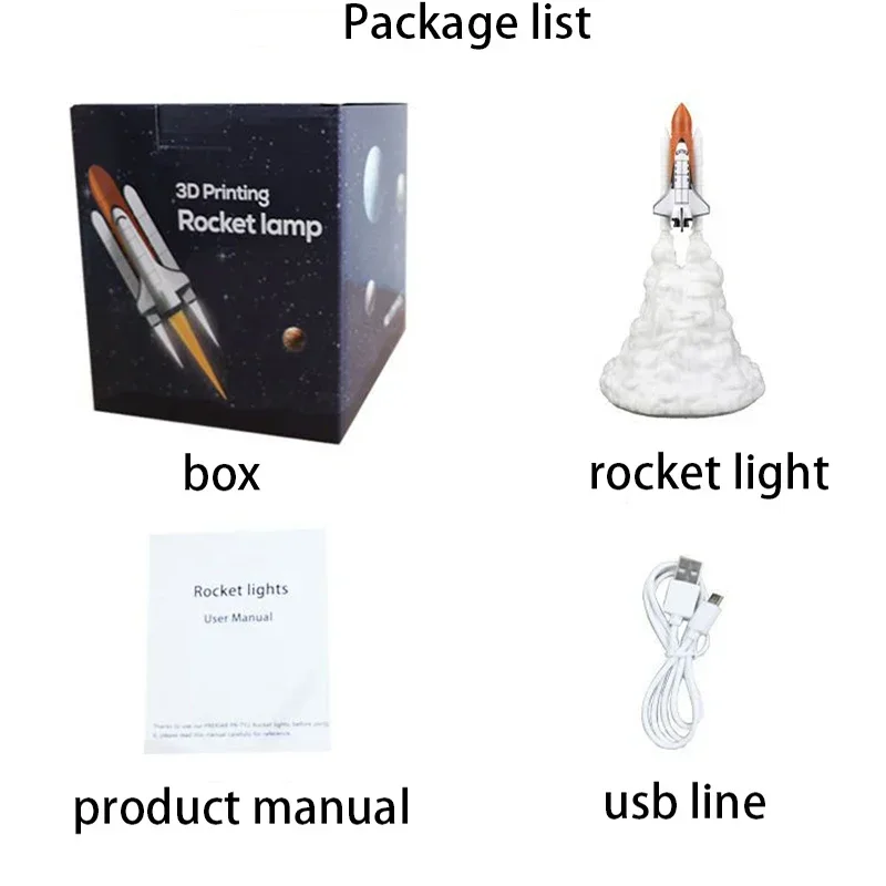 3D Print LED Space Shuttle Rocket Night Light, USB recarregável, lâmpada de mesa para Natal e aniversário, presente infantil