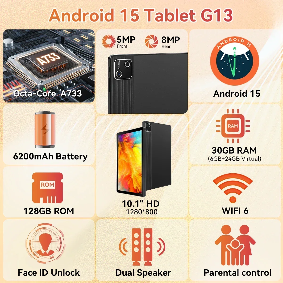 10inch Tablet Android15 Tablets Octa Core 30GB RAM 128GB ROM 1TB Micro SD with WiFi 6 Widevine L1 6200mAh Touchscreen OTG PC PAD