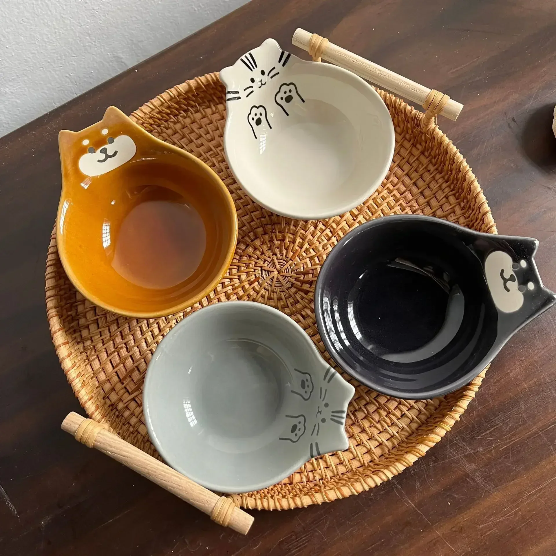 Japanese Cartoon Cat Print Ceramic Dipping Bowls Home Sauce Dish Kitchen Tools Butter Dish Saucing Plate Oil Bowl Decor