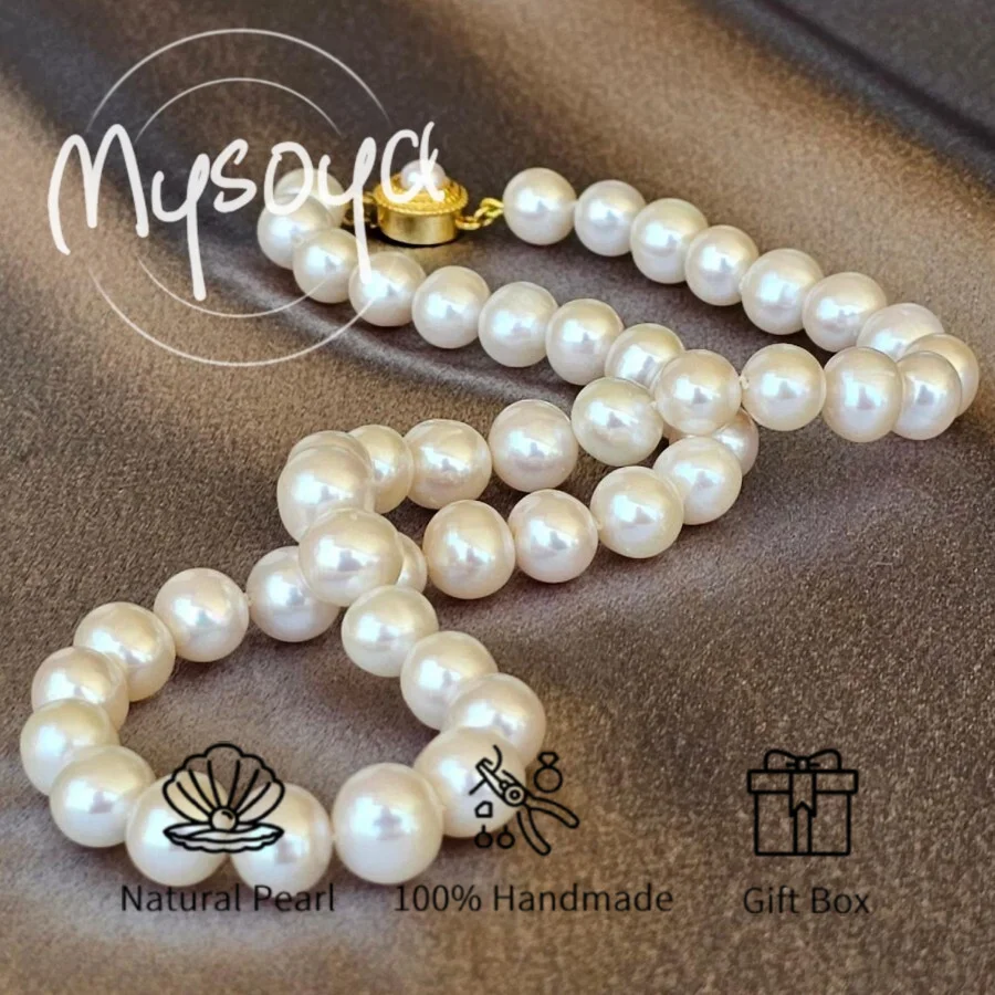 

MYSOYA 9-11 мм большое ожерелье из натурального белого пресноводного жемчуга для женщин и мужчин, подарочная коробка, подарок на день рождения, свадьбу, годовщину, ювелирное изделие
