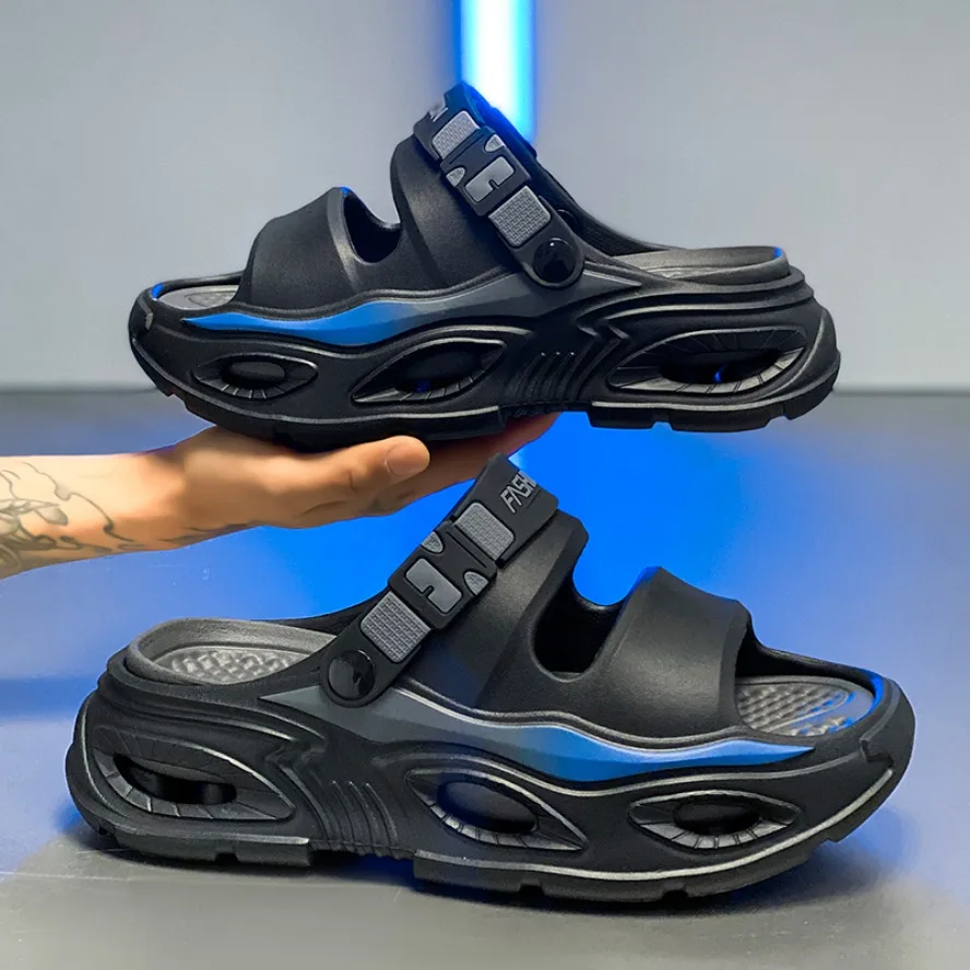 

Summer Men's Platform Beach Shoes Thick Sole Sandals Two-Way Wear Adjustable Strap Breathable Slip On Non-Slip Slippers