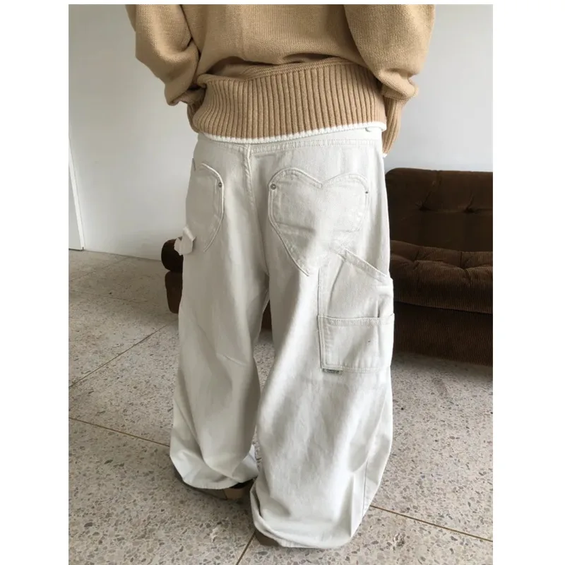 

Свободные джинсы с широкими штанинами, высокой талией, в повседневном стиле, с карманами, в стиле рабочей одежды, с карманом в форме сердца, женские, 100% хлопок