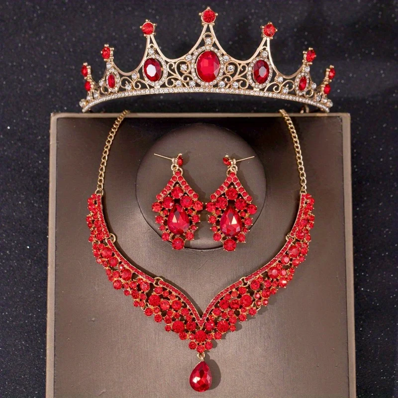 اللون الأحمر كريستال مجوهرات الزفاف مجموعات حجر الراين التيجان تاج قلادة طقم من الحلقان للنساء العروس مجوهرات الزفاف مجموعة التاج