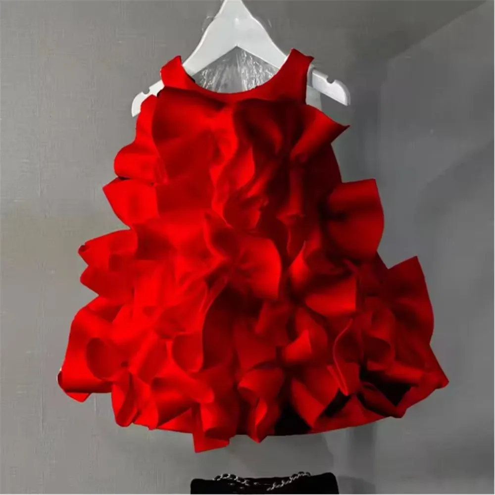 

Elegant Flower Girl Wedding Dress Sleeveless with Bow Princess Birthday Party Pageant Dress Kids Baby Girl Host Performance Gown