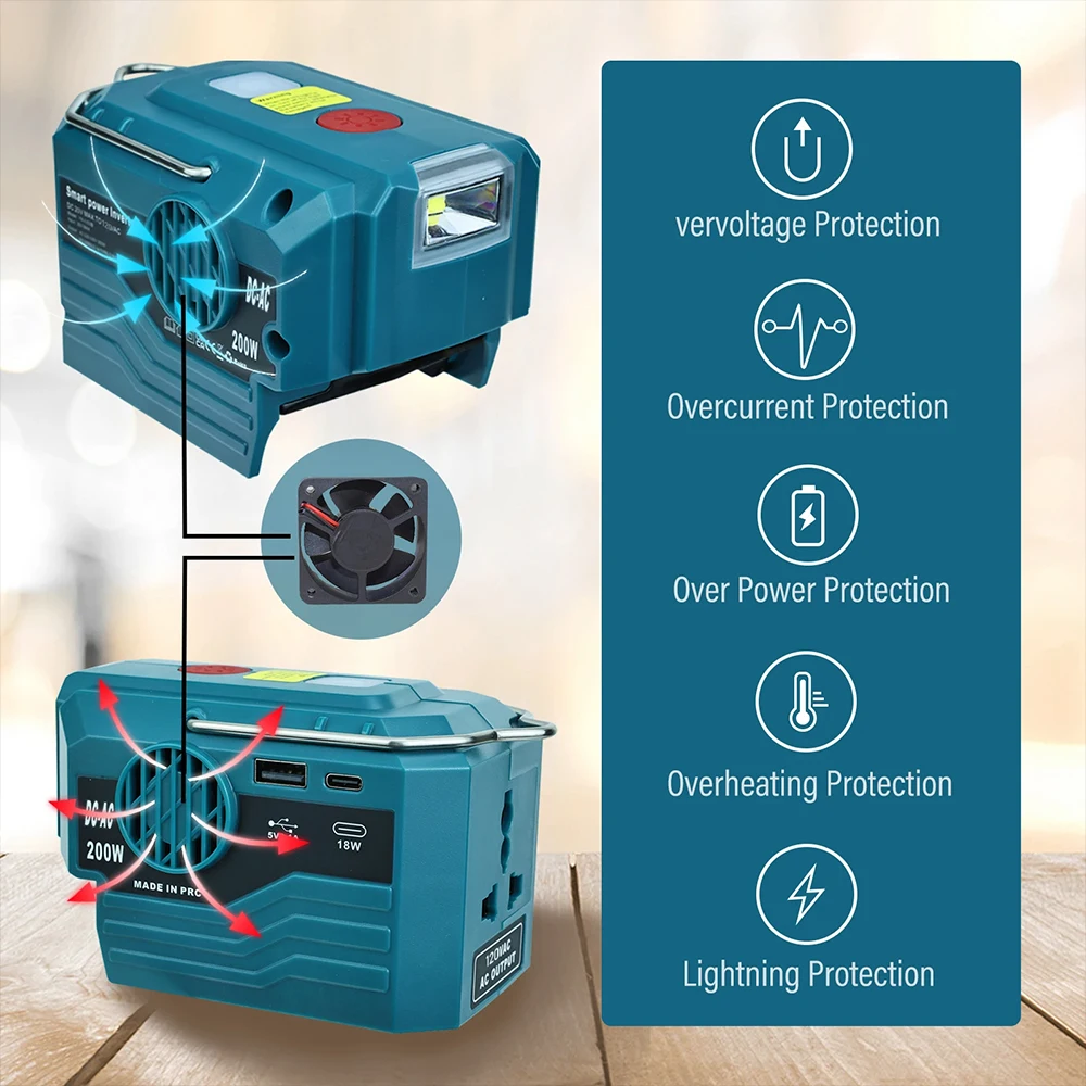 Nuovo aggiornamento Inverter di potenza portatile 120-220V Inverter per batteria al litio Mobile da esterno per batteria Makita/DeWalt/ 18V 20V