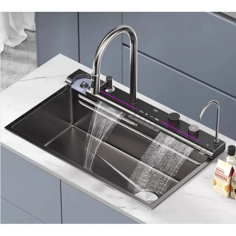 New Handmade Smart Waterfall Single Bowl Kitchen Sink 304 Stainless Steel Nano Technology Multifunctional Two Faucet
