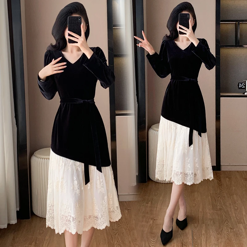 Designer New Fashion Women V Neck Lace Up Belt Midi Dress French Autumn Winter Velvet Patchwork Lace Embroidery Loose Vestidos