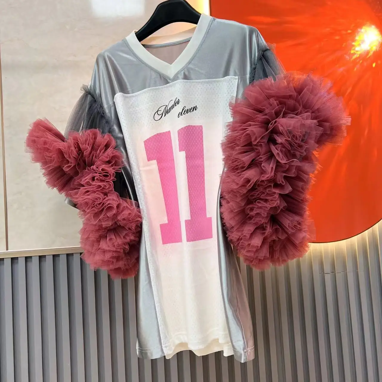 

Chic Faux Silk Mesh Spliced Ruffles T-Shirts Gauze Patchwork Lotus Satin Tees Contrast Color Short Sleeved Numbers Jumpers Tops