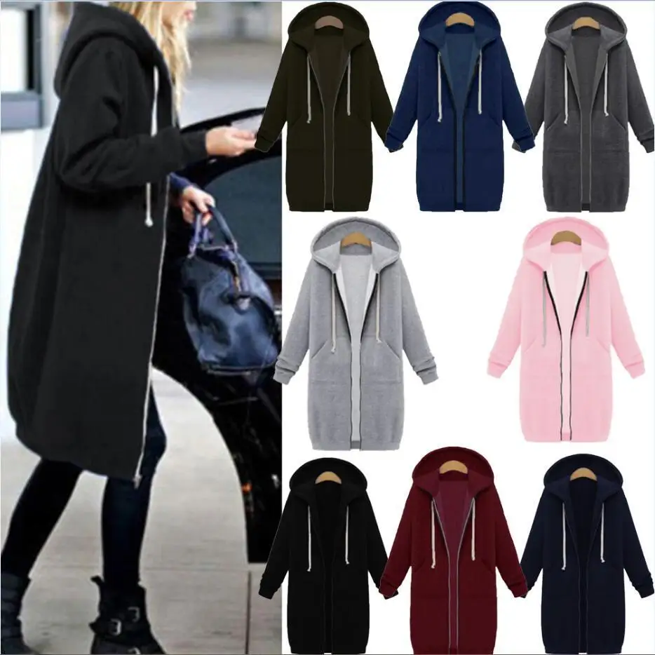 Women Oversized Hooded Long Overcoat Plus Sweater Outerwear Autumn Winter Solid Zipper Maxi Loose Hoodies Sweatshirt Coat