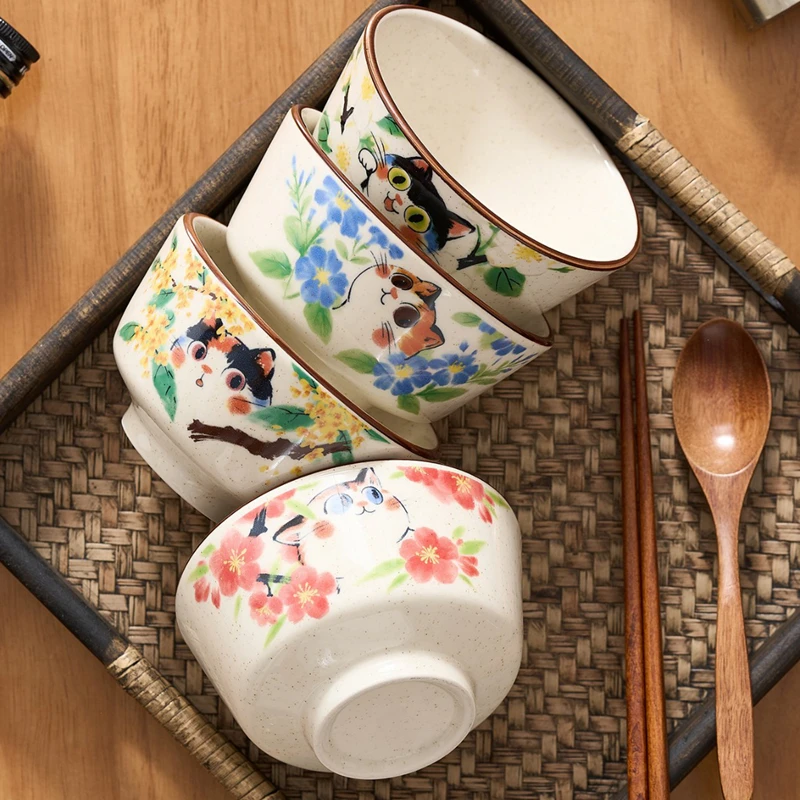 4Pcs Floral Cat Ceramic Bowl Set, 5 Inch 500ml Rice Bowl Microwave Dishwasher Safe Tableware for Home Kitchen
