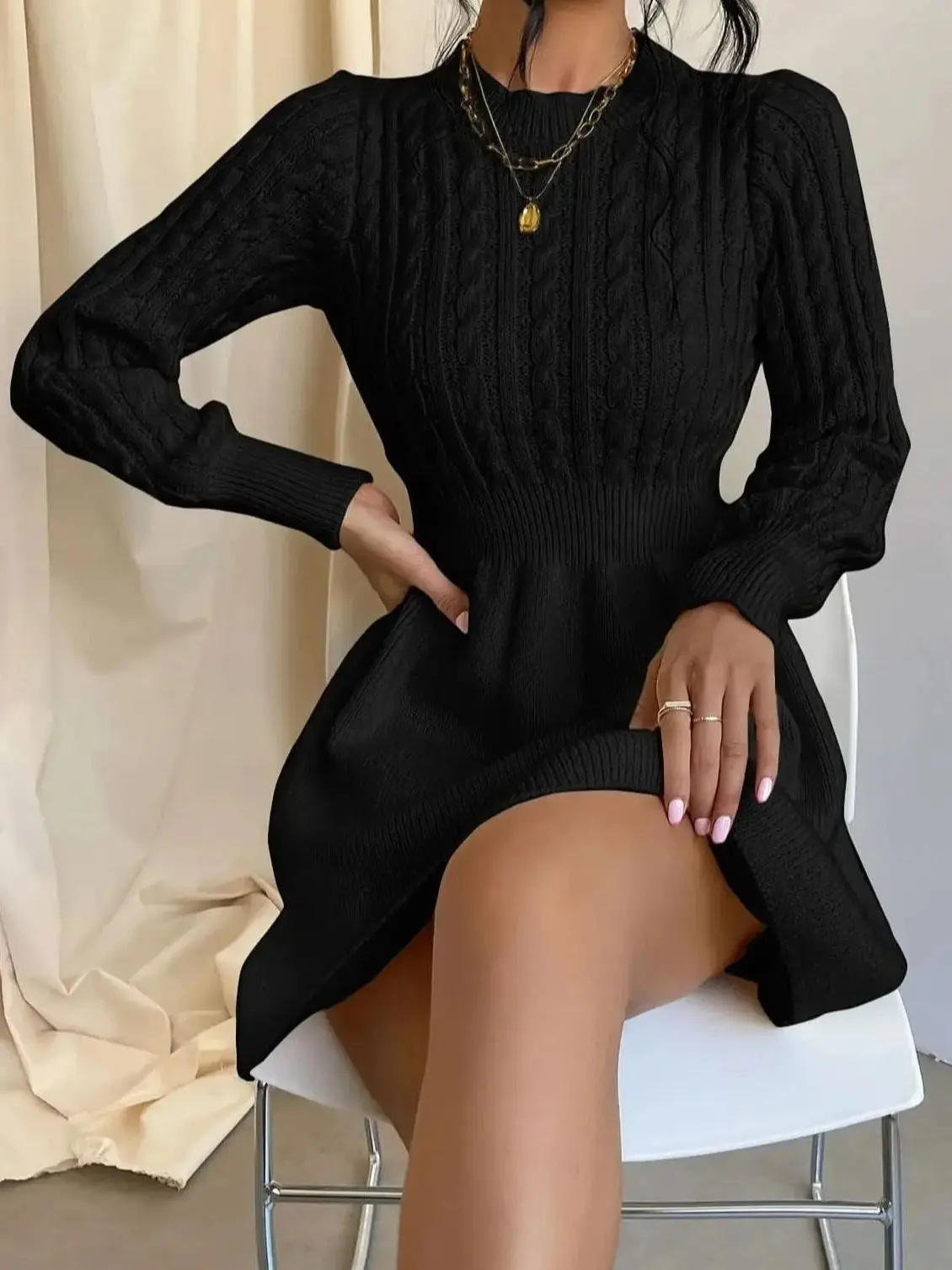 Solid Cable Knit Sweater Dress, Casual Crew Neck Long Sleeve Dress, Women's Clothing