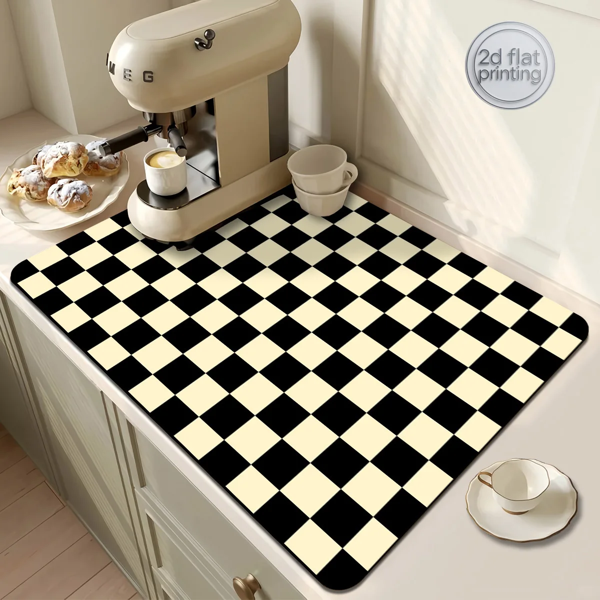 Coffee Machine Mat Kitchen Utensil Drying Mat – Minimalist Plaid Pattern – Countertop Protector, Dish Drying Mat, Super Absorben