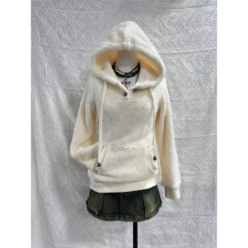 Moletom com Capuz de Fleece para Mulheres, Solto, Sólido, Manga Longa, Casaco Fuzzy, Estilo Preppy, Top Grosso e Doce Harajuku Y2K, Hoodie Coreano Kawaii