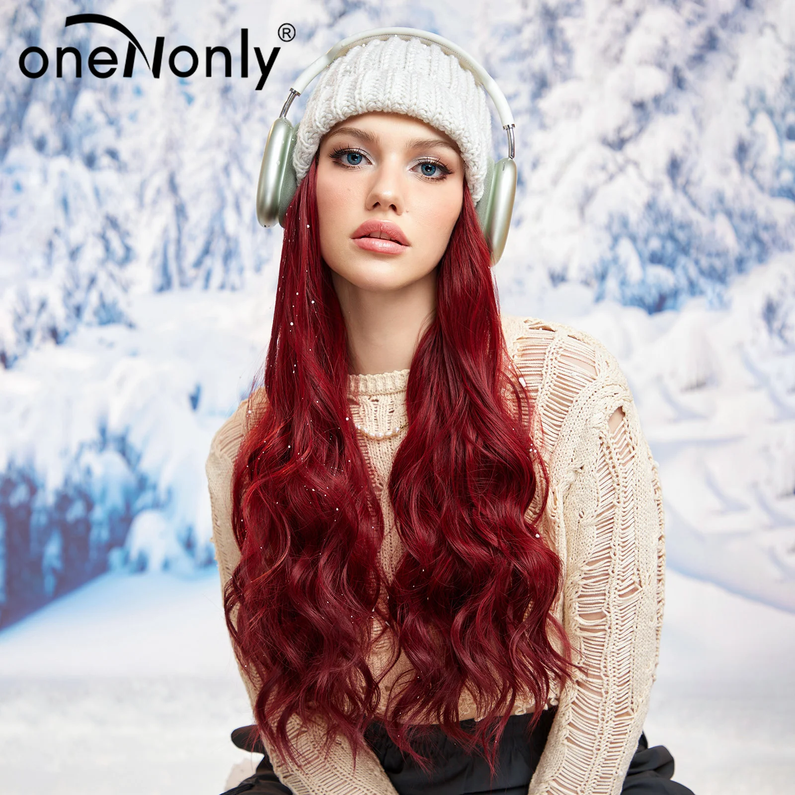 oneNonly Red Wavey Hat wigs Cap Ski Connect Synthetic Wigs Hair for Women Daily Party Use High Resistant Hair