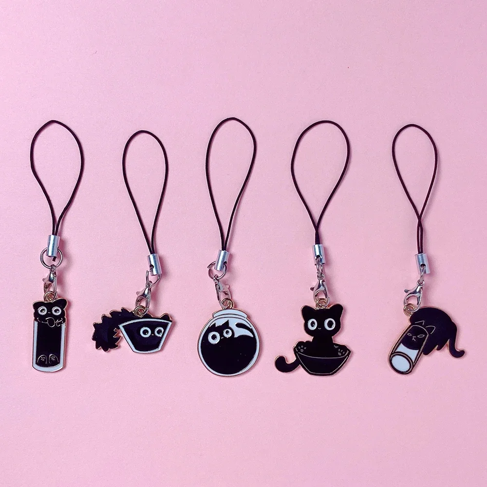 Funny Bottle Cat Lanyard for Phone Case IPhone Huawei Samsung Black Kitten Keychain for Women Cute Mobile Phone Strap Key Chains