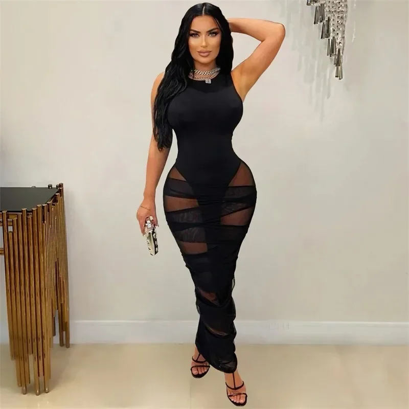 Doyerl المرأة Y2K شبكة سوداء شفافة المرقعة Bodycon فستان ماكسي مثير ضمادة فستان طويل لحفلة عيد ميلاد النادي الليلي
