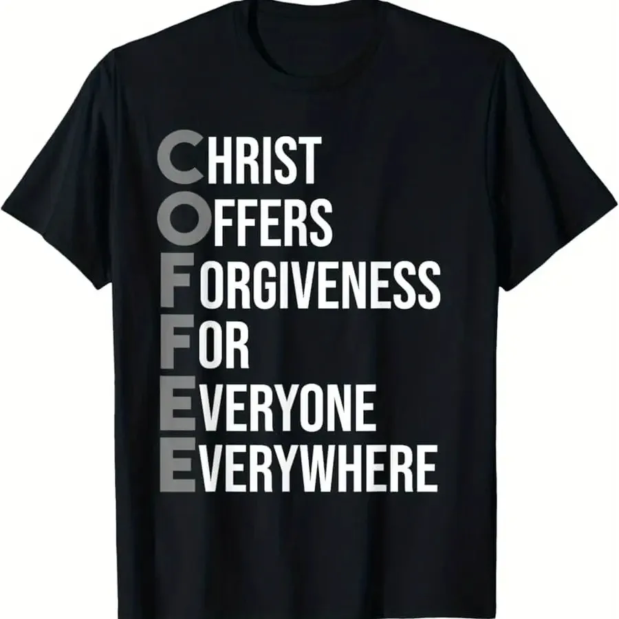 Men's Christian Faith T-Shirt - Black Religious Apparel with Bold Christ Offers Forgiveness for Everyone Everywhere Message - E