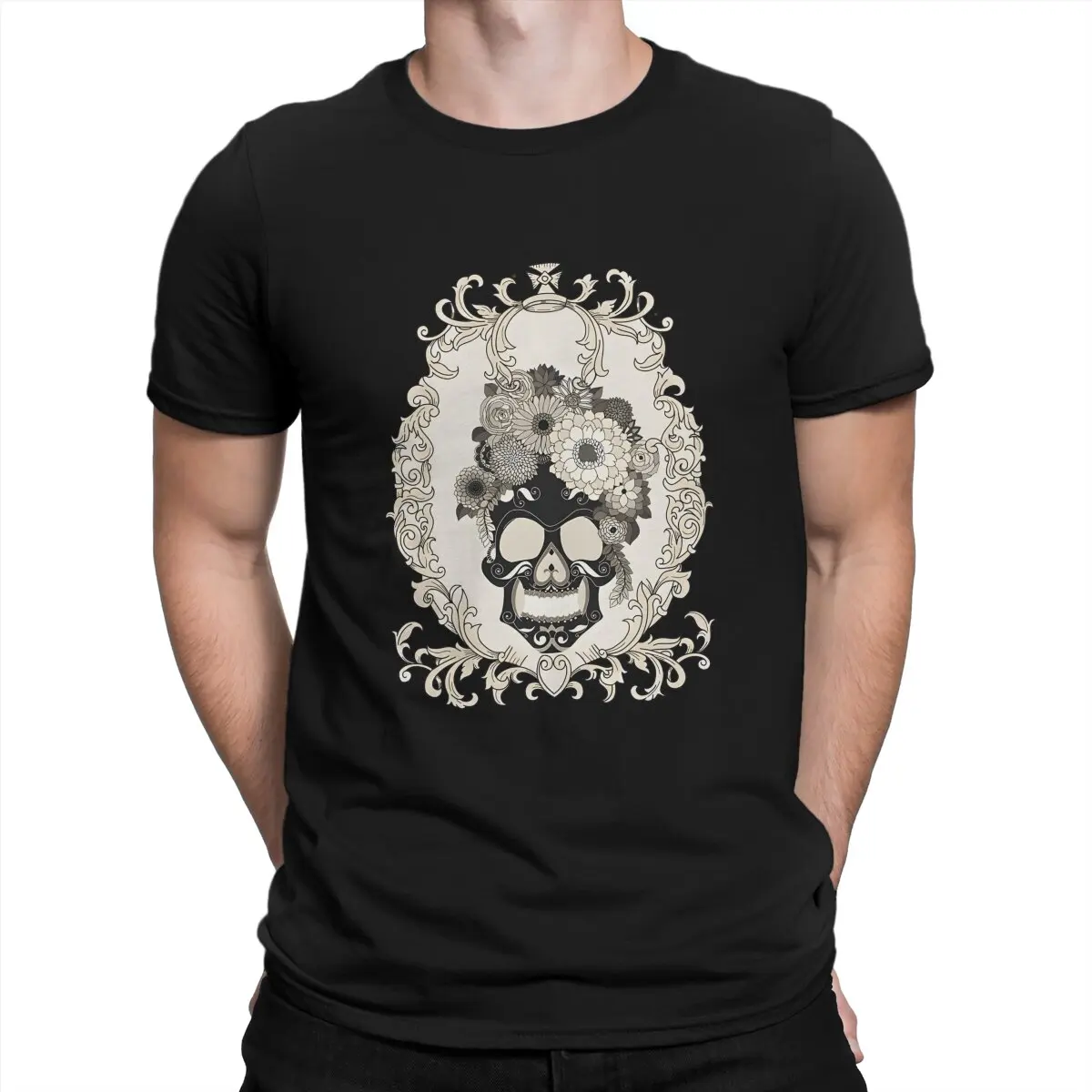 Ornate  Scoop Hipster Polyester TShirts Flower Skull Men Graphic Tops T Shirt O Neck