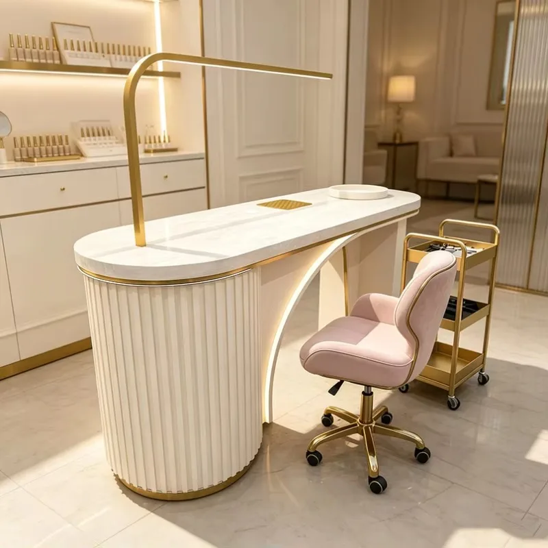 Light Luxury Pink Gold Nail Table Curved LED Light Marble Counter Salon Manicure Station Furniture