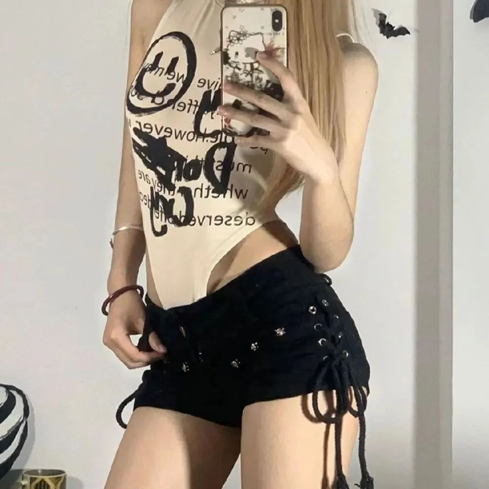 

American Skinny Shorts Women Creativity Lace-up Popular Streetwear Daily Personality Students Holiday Fashion Sexy Retro Leisure