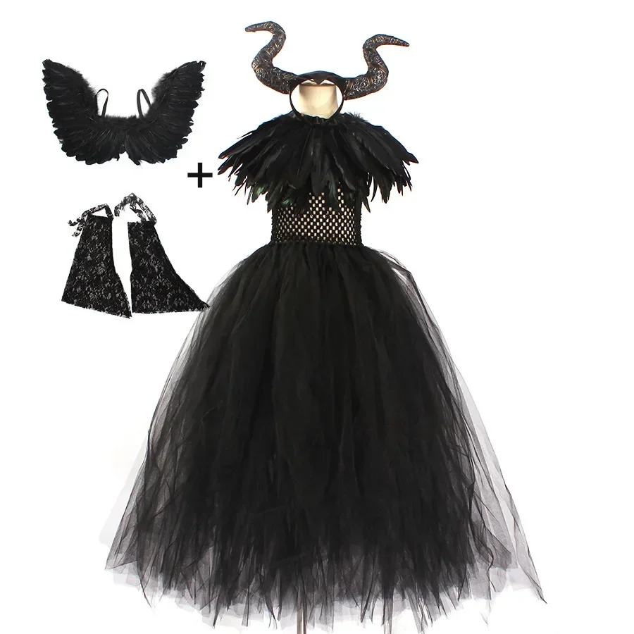 Handgefertigtes Tutu-Prinzessinnenkleid für Mädchen, Cosplay-Kostüm Böse Königin, Schwarzes Netzgewebe, Karnevalsparty, Zauberstab, Dämonische Hexenkleider – Detail 10