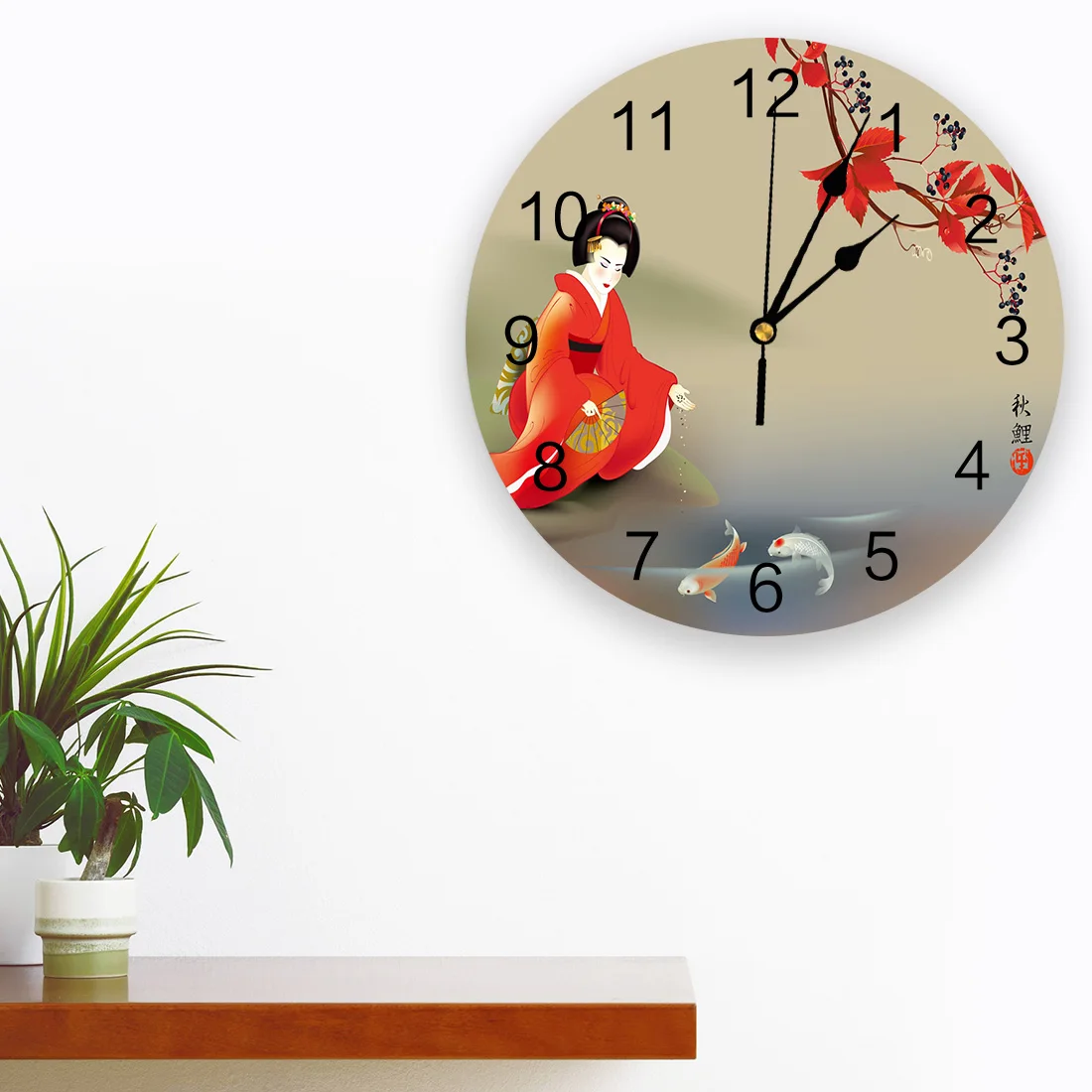 Geisha Painting Carp Japanese Style Female Wall Clock Kitchen Home Living Room Decorative Kitchen Wall Decor Hanging Clocks