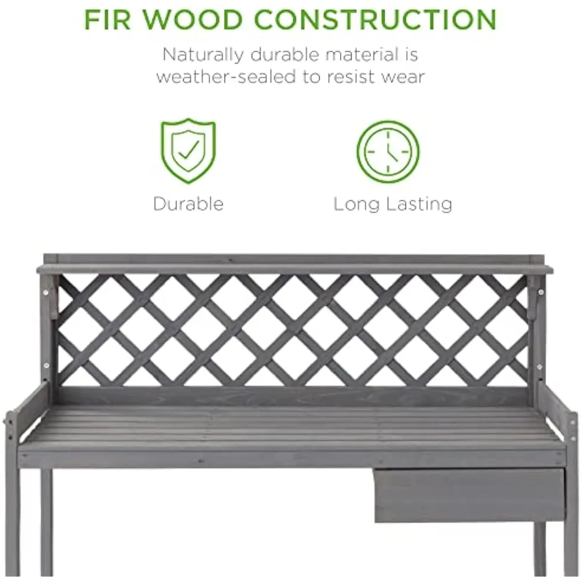 Outdoor Wooden Potting Bench with Cabinet Drawer and Open Shelf, Garden Workstation Table with Lattice Back for Patio Backyard