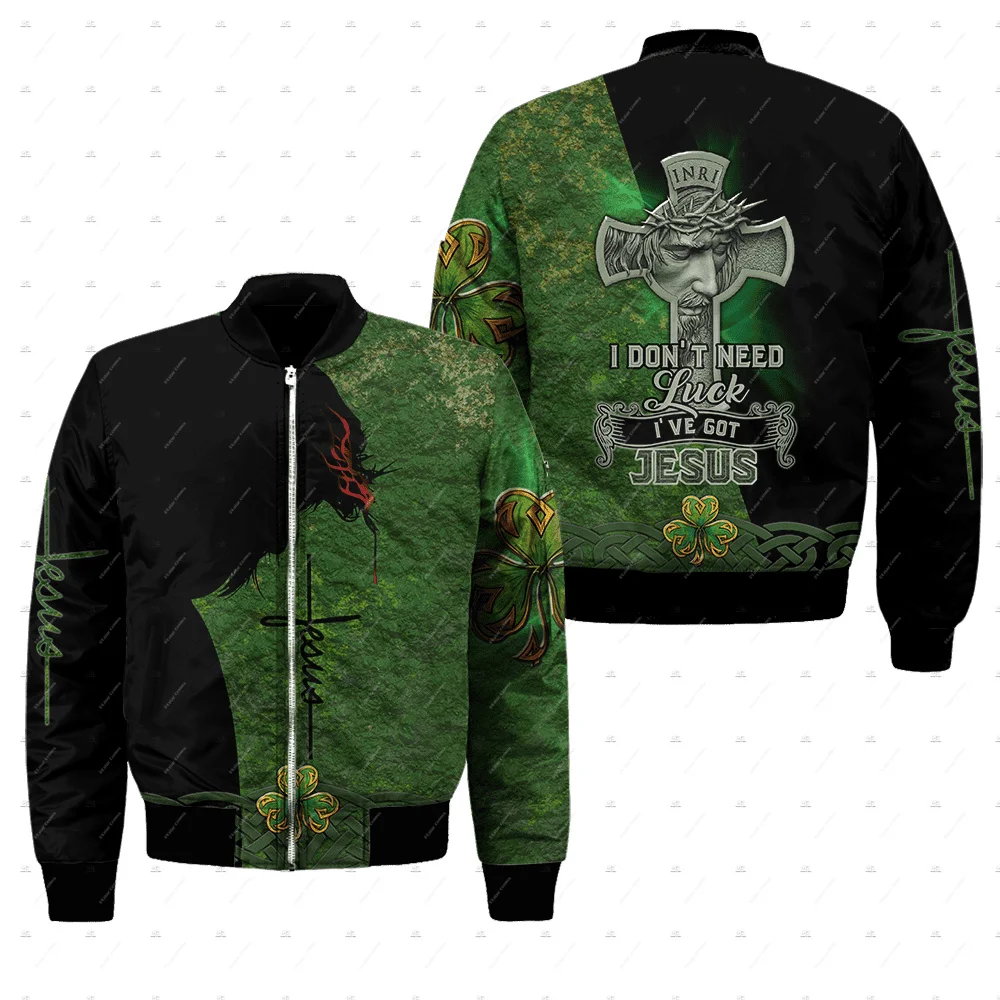 Custom Name Irish Ireland Country Flag St.Patrick Vintage Retro Winter Overcoat 3DPrint Windbreaker Casaul Funny Bomber Jacket E