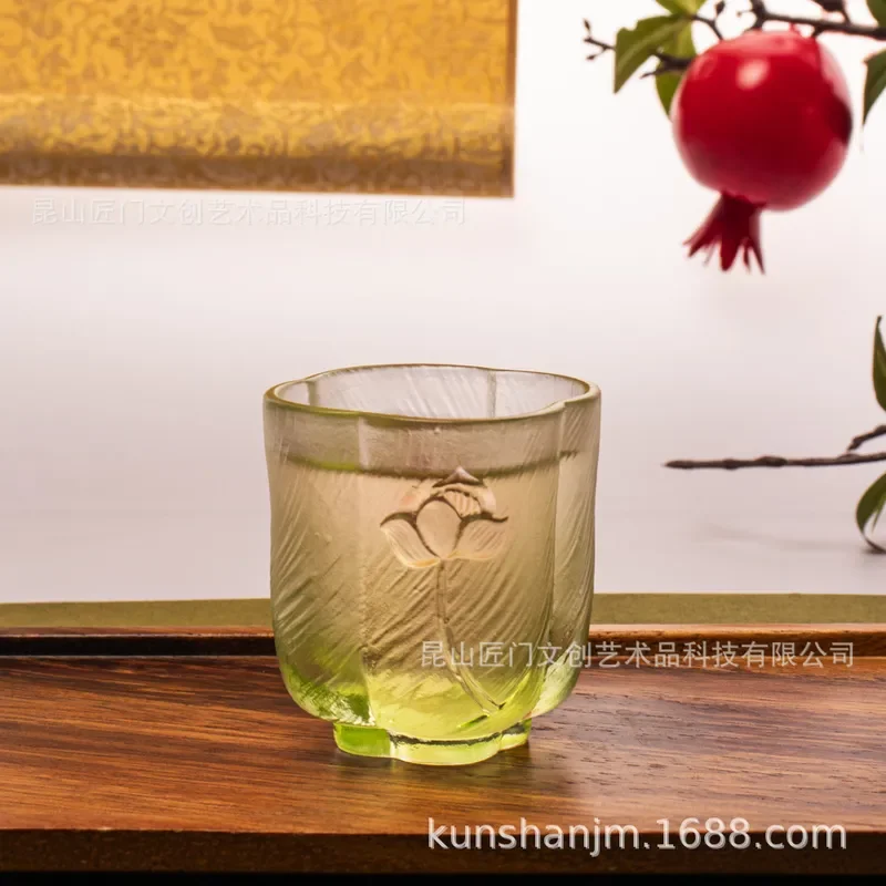 50ml Mini Glazed Lotus Teacup Heat Resistant Glass Japanese Style Green Pink Creative Tea Set Small Cup for Kung Fu Ceremony