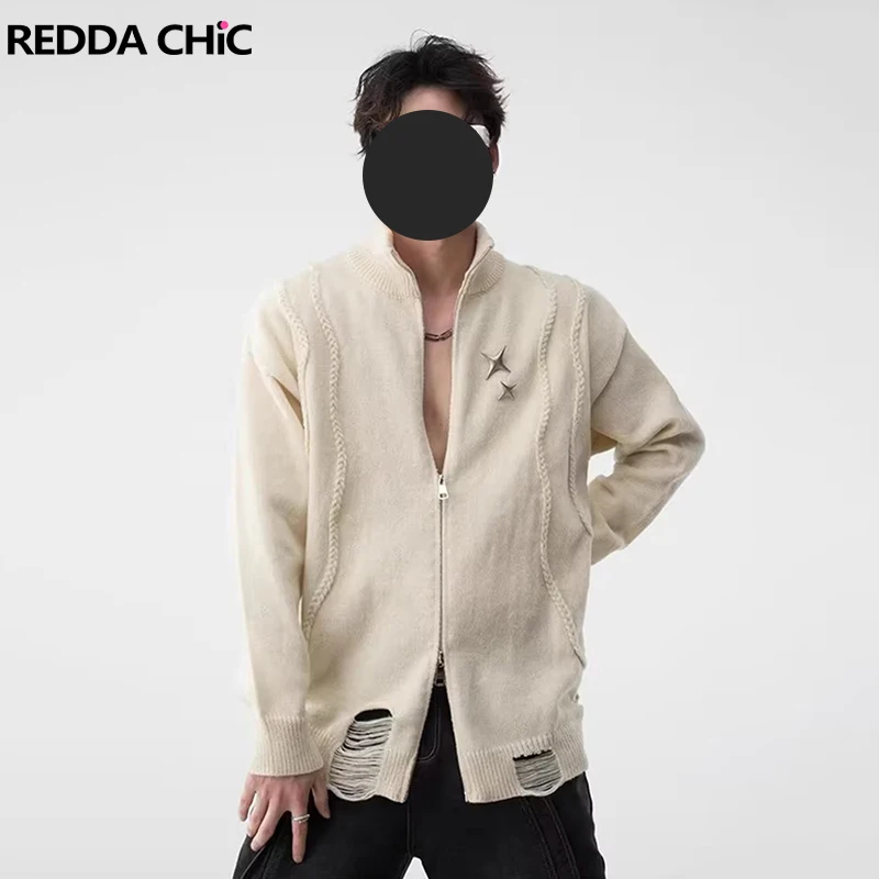 

REDDACHIC Double Zipper Men's Sweater Cardigan Big Size Ripped Hole Star Pins Long Sleeve Knit Jumper Lounge Trendy Fall Clothes