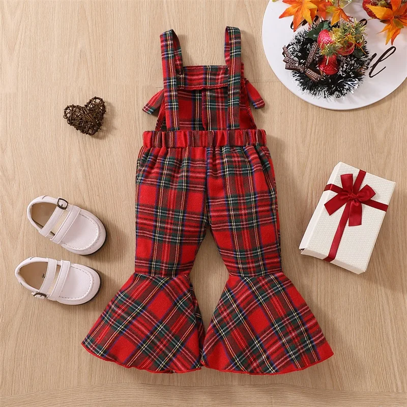 Girls Vintage Plaid Suspender Pants Stylish Elastic Waist Flare Trousers for Everyday Wear and Playful Adventures