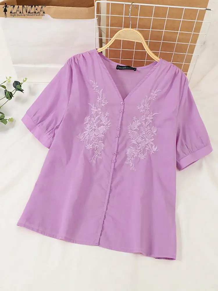 ZANZEA Vinatge Floral Embroidery Blouse Women Summer Tops Casual V Neck Short Sleeve Cotton Shirt Loose Party Work Blusas Mujer